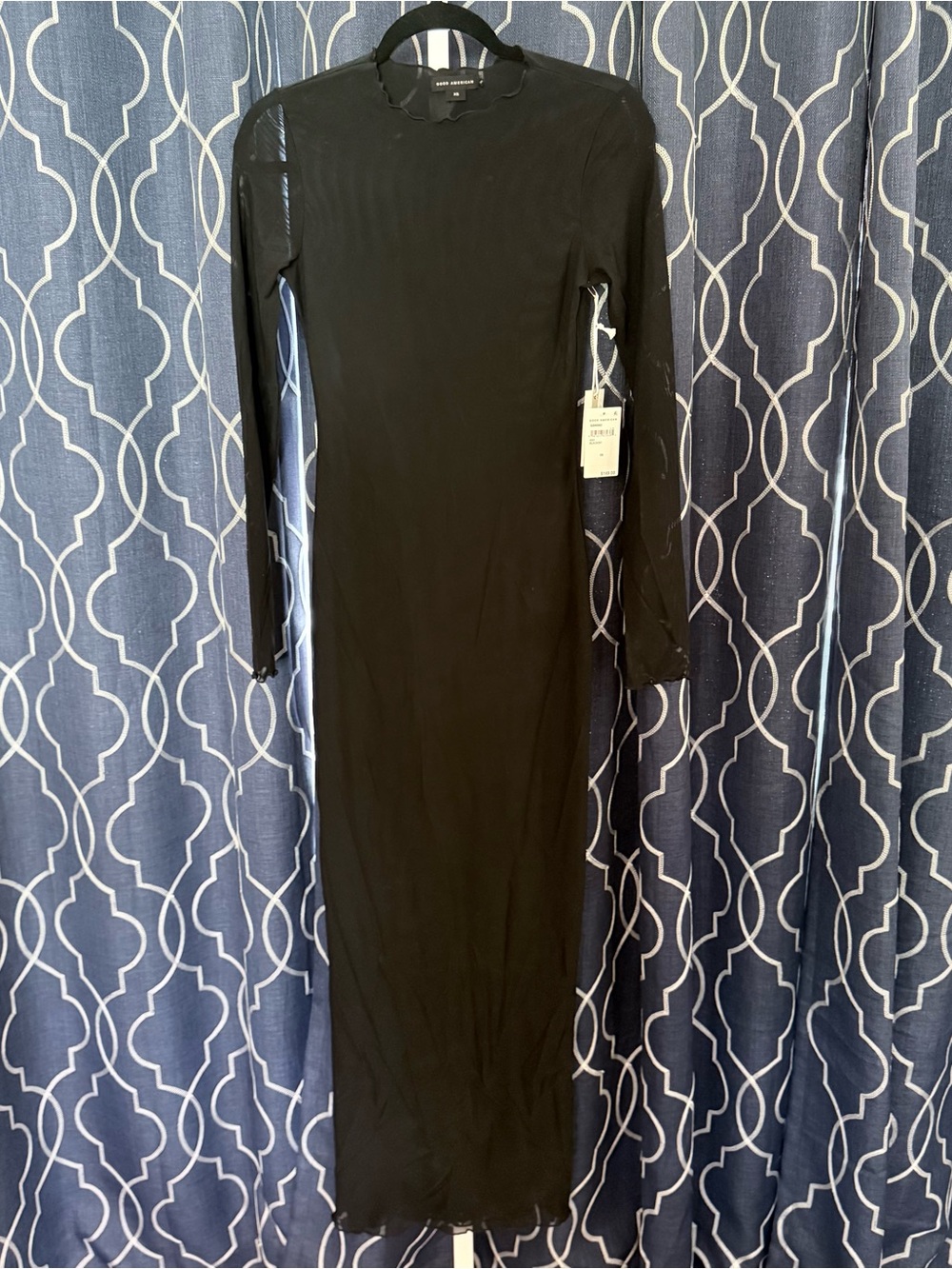 Good American Black Long Sleeve Mesh Maxi Dress NWT C4